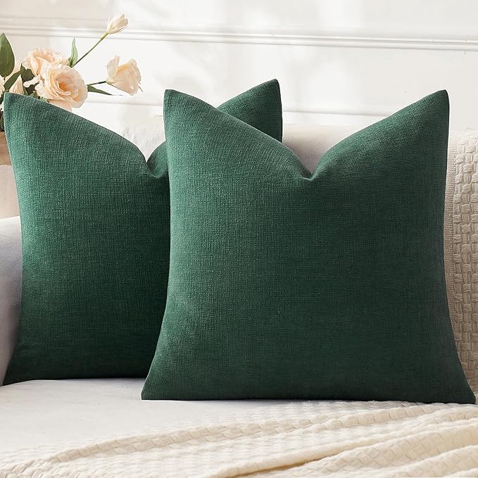 MIULEE Dark Green Chenille Couch Euro Throw Pillow Covers, 22x22 | Set of 2, Soft Modern Farmhouse Style, Decorative Pillowcases for Sofa Living Room Bed, Home Decor