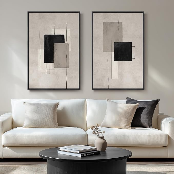 Large Framed Neutral Black Beige Abstract Wall Art for Living Room, 2 Piece Modern Canvas Prints Paintings Artwork for Walls, Minimalist Block Lines for Dining Room Bedroom Office Wall Decor 24x36 In