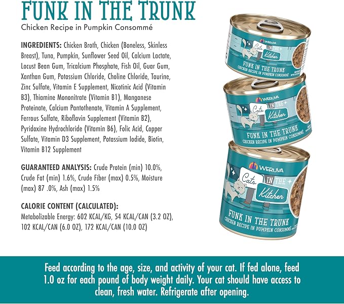 Weruva Cats in the Kitchen, Funk in the Trunk with Chicken in Pumpkin Consomme Cat Food, 3.2oz Can (Pack of 24)