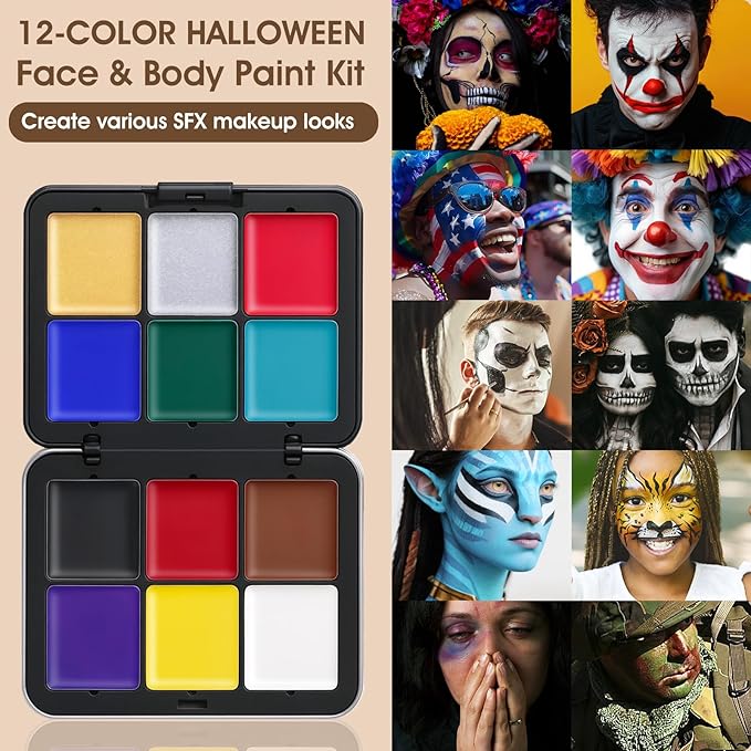 16 Colors Face & Body Paint - Blendable Facepaint Foundation with Sponge & Brush for Skin, Professional Halloween Face Make-up Kit for Zombie Clown Joker Vampire Skeleton Camo USA Flag Bruise Costume