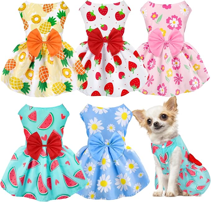 5 Pack Girl Dog Clothes Floral Summer Puppy Princess Bowknot Dog Dresses for Small Dogs Girl Clothes Cute Outfits for Boys Girls Pets Cats Dogs (Medium, Floral Summer)