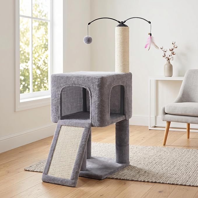 32" Cat Tree for Indoor Cats, 2-in-1 Cat House with Sisal Scratching Post & Ramp, 2-Level Cat Tower with Rotatable Feather & Ball Toys, Stable Grey Cat Condo for Small/Medium Cats, Grey