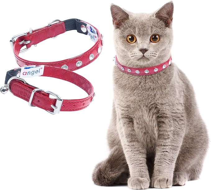 Angel, Athens Red Rhinestone Elastic Break-Away Leather Cat Collar, 12" x 1/2", Safety Stretch Release