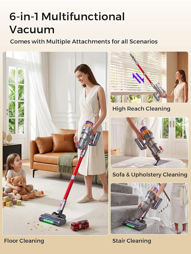 Cordless Stick Vacuum Cleaner, 600W 55KPA 70Mins for Pet Hair, Carpet, Home