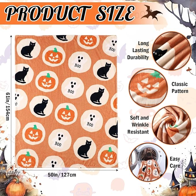 50'' x 60'' Halloween Throw Blanket Ghost Pumpkin Cat Sugar Cookie | Cute Boo Black Cat Pumpkin Plush Warm Blanket Halloween Decor for Home Sofa Decor Couch Bed