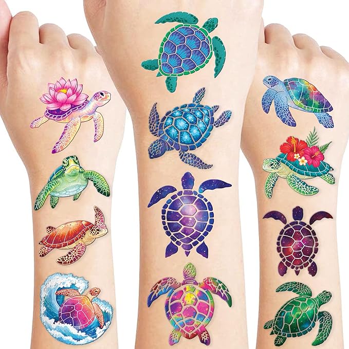 96 PCS Turtle Pre-Cut Temporary Tattoos for Kids | Super Cute First Themed Birthday Party Favors, Supplies, Decorations, Cute Ocean Animal Tattoo Stickers (multiple)