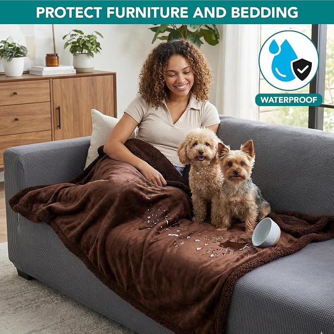 PetAmi Waterproof Dog Blanket for Small Dog Puppy Cat, 29x40, Brown Sherpa | 460 GSM Sherpa Fleece Reversible, Pee Proof Pet Blanket, Furniture Protector Cover for Couch Sofa Kennel, Washable