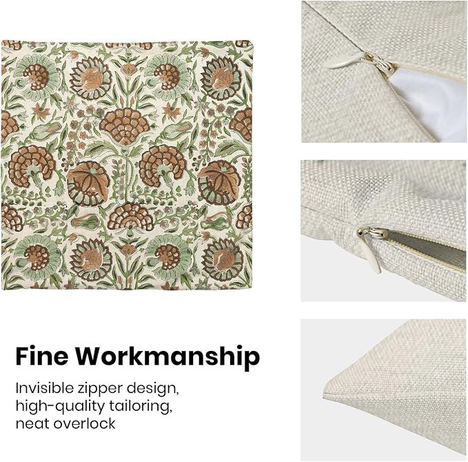 Block Print Pillow Covers 18x18 Inch Pack of 2 Boho Brown Green Floral Decor Throw Pillow Covers Spring Summer Flower Pillowcase Outdoor Farmhouse Decorative Cushion Cover for Couch Sofa