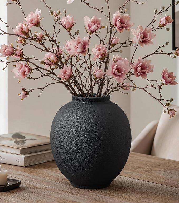 Starttag Large Black Ceramic Vase, 9.8 inch Rustic Farmhouse Flowers Vase for Home Decor, Sandstone Texture Round Pottery Tall Vase Indoor for Table Living Room Decor