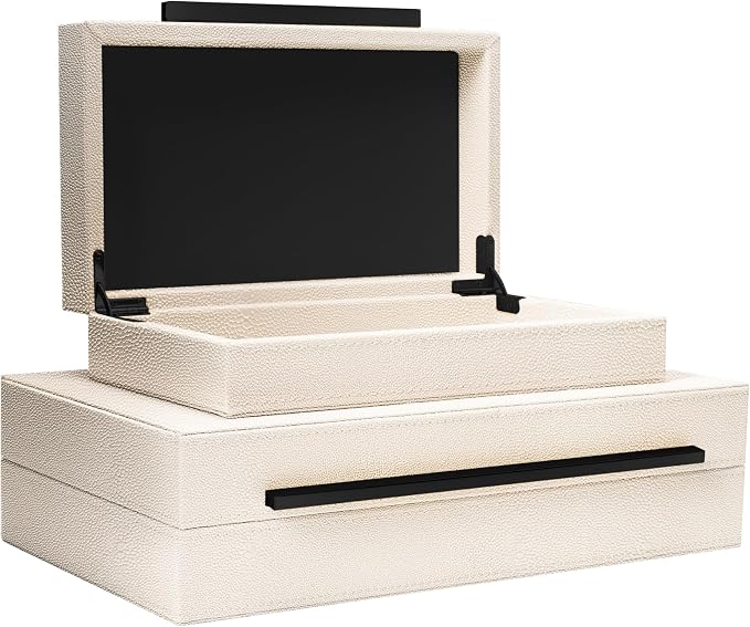Sagala Set of 2 Beige Shagreen Decorative Boxes With Black Metal Handles, Faux Leather Jewelry Boxes Modern Storage Boxes Photo Boxes Memory Boxes Home Organizer (Beige-Black Handle)