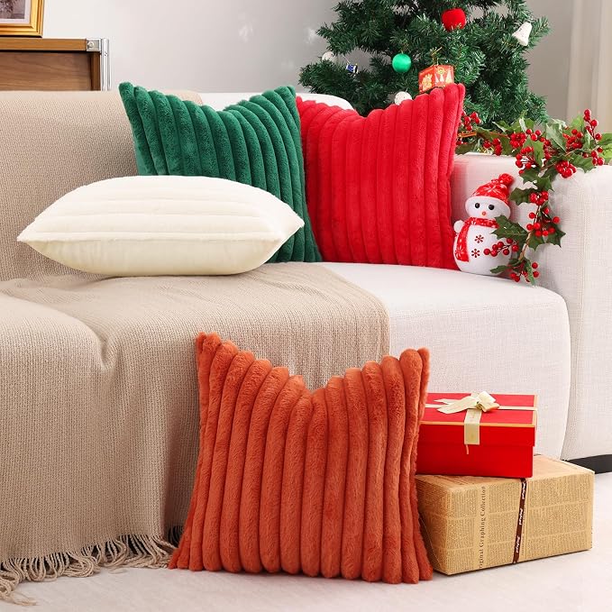 Pallene Faux Fur Throw Pillow Covers 12x20 Set of 2, Christmas Green | Luxury Plush Texture, Striped Design, Cozy Soft Touch, Modern Home Accent Decor for Couch, Sofa, Bed, Living Room