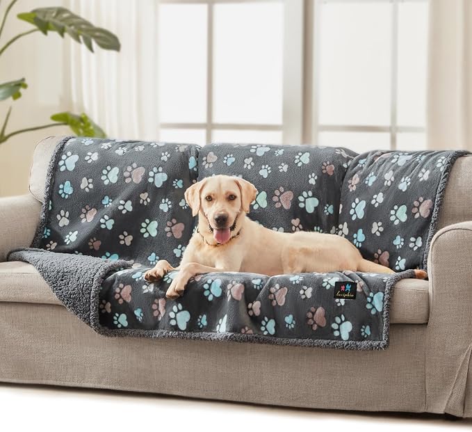 Luciphia Waterproof Dog Blanket Reversible Sherpa Fleece for Large Dogs Cat | Soft Print Pet Blanket Washable Pee Proof, Furniture Protector for Couch Sofa Bed Car, Cozy Throw(65" x 57", Grey Paw)