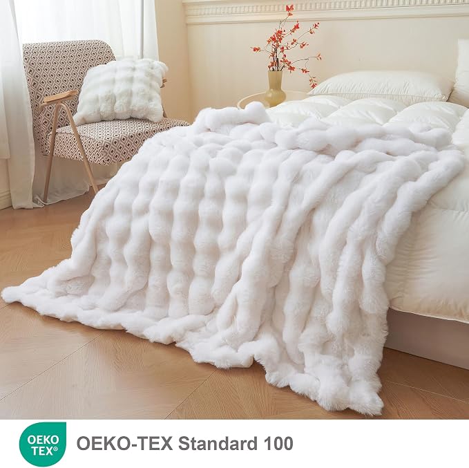 LIFEREVO Luxury Fluffy Faux Rabbit Fur Throw Blanket 60x80, White | Plush Fuzzy Bubble Lap Throw for Couch Sofa Office, Soft Cozy Furry Bed Blanket Home Decoration, Washable & Skin-friendly