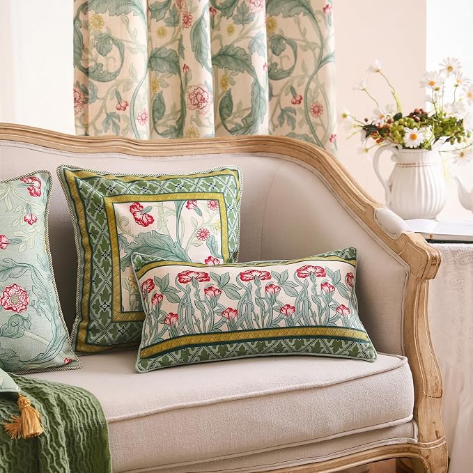 patdrea Designer French Vintage Linen Throw Pillow Cover,18"x18"-Cecilia C | Decorative Pillow Case with Zipper,Green Floral Pattern,Cushion Coverfor Couch Living Room Bedroom Sofa