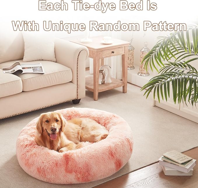 36 in Faux Fur Fluffy Donut Dog Bed for Large Dogs,Tie-dye Pink | Calming Plush Round Pet Bed with Removable & Washable Cover,Fits up to 80 lbs Pets