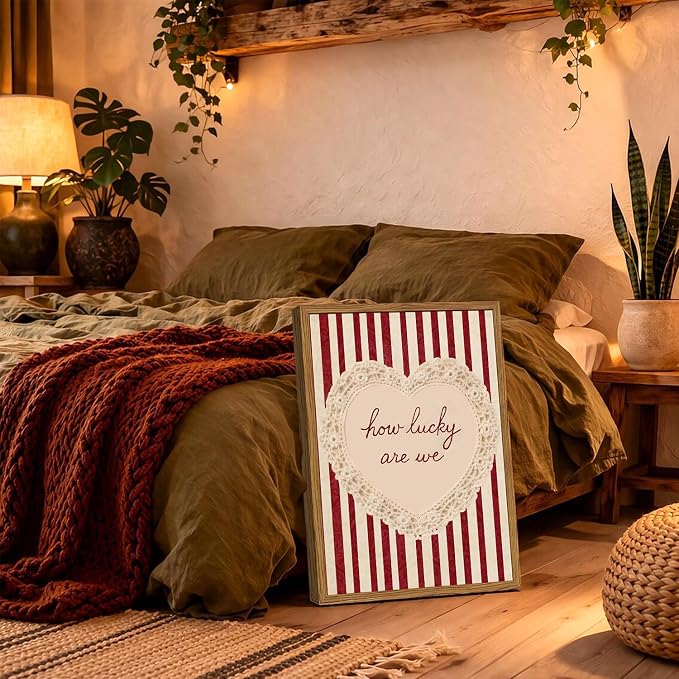 Framed How Lucky Are We Wall Art, Vintage Red Striped Pictures Wall Decor, Romantic Lace Heart Quote Paintings Canvas Prints Coquette Home Decor for Living Room Bedroom Bathroom 12x16 inch