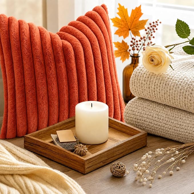 decorUhome Fall Faux Fur Throw Pillow Covers 24x24 Set of 2 Rust | Decorative Soft Cozy Striped Plush Modern Farmhouse Boho Couch Pillow Cases Velvet Back for Sofa Bed Living Room Home Decor