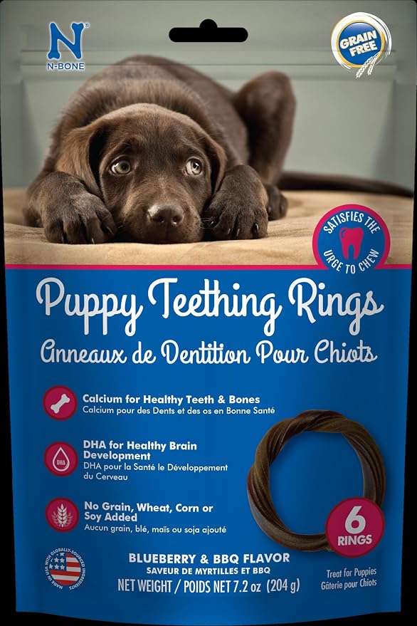 N-Bone Grain-Free Puppy Teething Treats, Blueberry & BBQ Flavor, Natural Puppy Chews, Helps Soothe Teething Gums, Calcium Enriched, 6 Rings