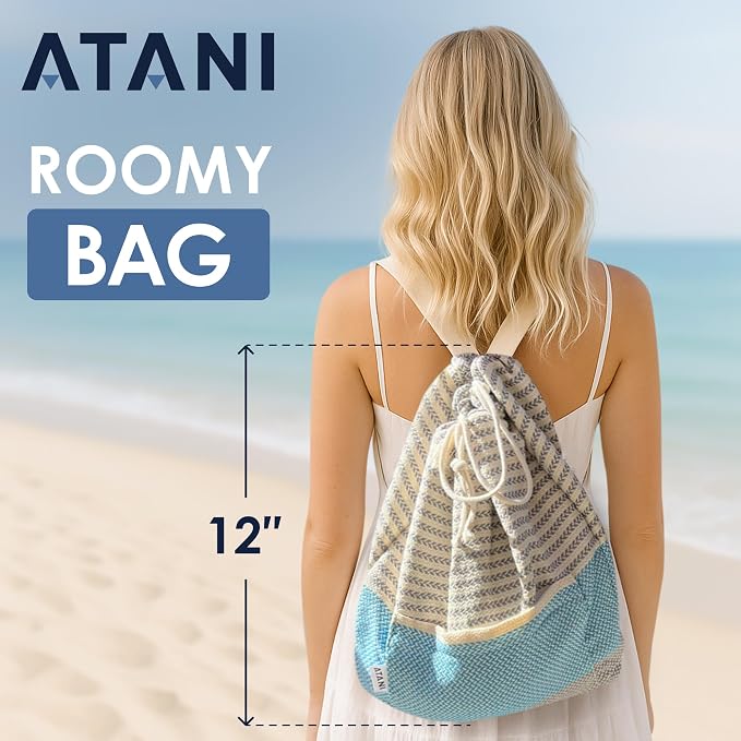 ATANI Turkish Beach Towel (71x39 Inches), Converts to a Bag, Oversized 100% Cotton Bath Towels Lightweight Quick-Dry Beach Blanket for Travel, Picnic, Camping, Yoga and Pool(Grey x Turquise)