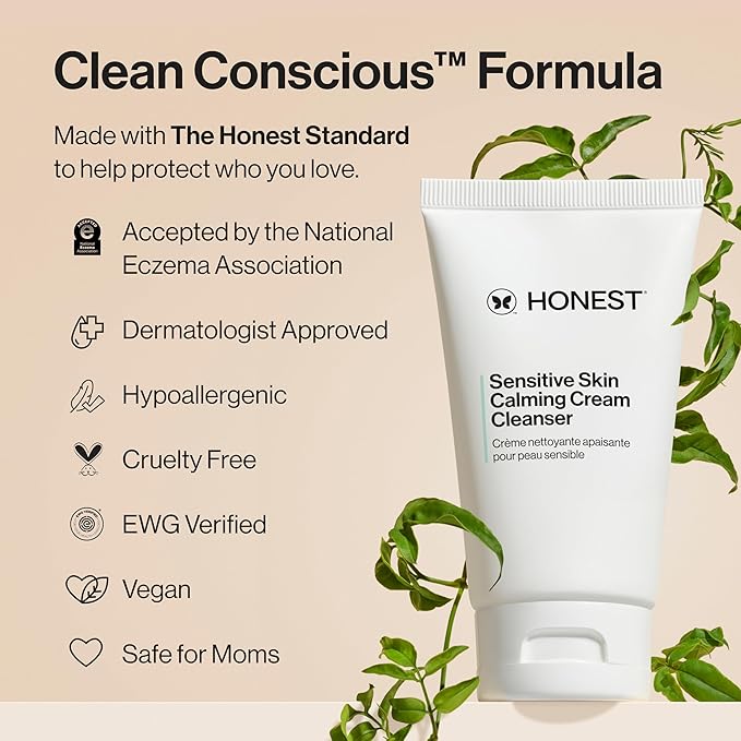Honest Beauty Sensitive Skin Calming Cream Cleanser,Gently Cleanses Hydrates Calms,Hypoallergenic,Fragrance-Free,Vegan,4 fl oz,(Pack of 2)
