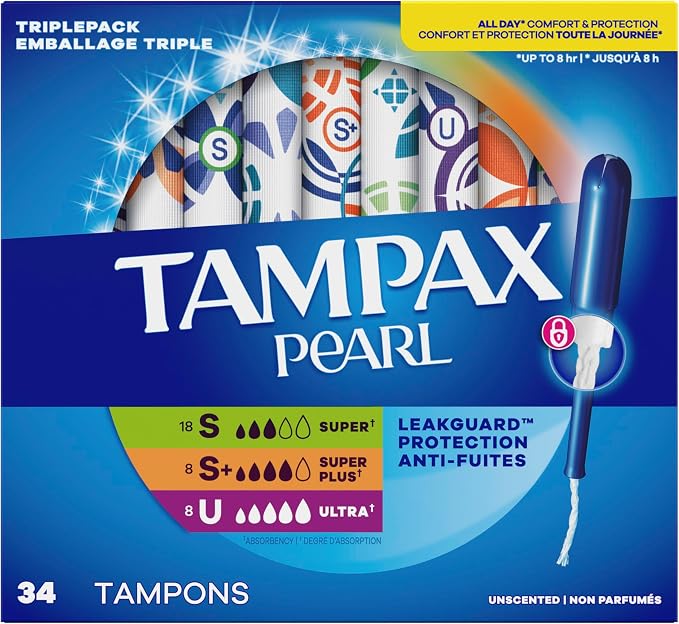 Tampax Pearl Tampons Trio Pack, Super/Super Plus/Ultra Absorbency with BPA-Free Plastic Applicator and LeakGuard Braid, Unscented, 34 Count