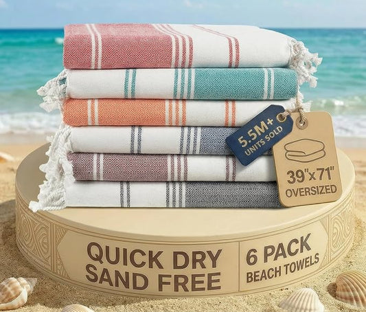 LANE LINEN 6-Pack Oversized Pre-Washed Beach Towels, Stylish Quick-Dry Pool & Travel Towels for Adults, 39"x71" - Diamond Multi Colors