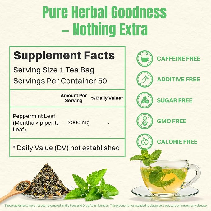 Hiihone Peppermint Tea Bags 50 Count – Pure Peppermint Mint Tea, Caffeine-Free Herbal Tea, Cooling & Refreshing, Non-GMO, Soothing, Supports Digestion & Fresh Breath, Hot or Iced