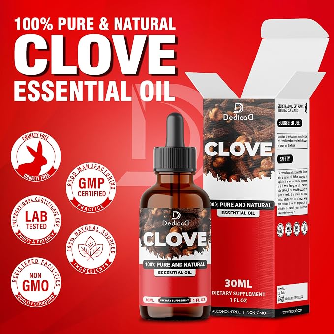 DEDICAD - 1 FL Oz - 30ml - Clove Essential Oil Supplement – for Toothache, Oral Care, Skin & Hair – Clove Oil Organic
