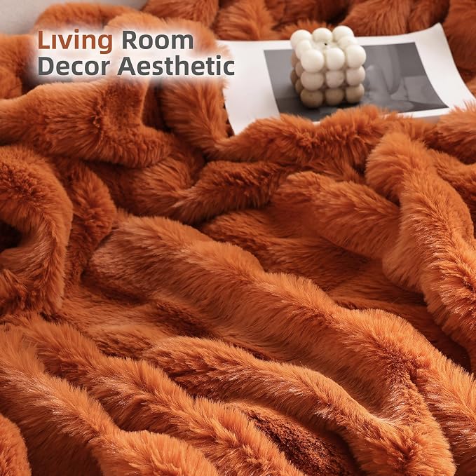 Faux Fur Fall Throw for Couch - Burnt Orange Bubble Blanket 50"x60" | Fluffy Plush Fuzzy Throw for Sofa & Bed, Super Soft Cozy Comfrt Blanket, Luxury Aesthetic Burnt Orange Decor Gift for Women
