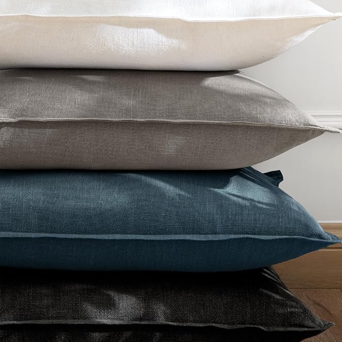 EMEMA Euro Sham Decorative Linen Throw Pillow Covers 22x22 Inch Black | Boho Farmhouse Neutral Couch Throw Pillows for Bed Pack of 2 Accent Pillowcase Modern Sofa Cushion Livingroom Home Decor