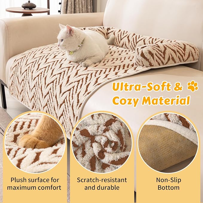 Calming Dog Bed Mats with Neck & Head Support, 35.43 x31.5 inch Khaki | for Small and Medium Dogs & Cats, Soft Flanne Couch Covers, Non-Slip, Machine Washable, Protects Sofa from Fur & Scratches