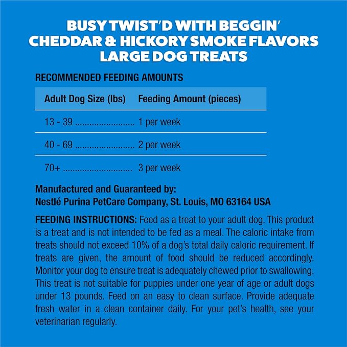 Purina Busy with Beggin Twisted Large Dog Treats, 10 ct Pouch | Cheddar & Hickory Smoke Flavor dog chew, long-lasting, rawhide free with real meat, for large dogs 35 lbs up