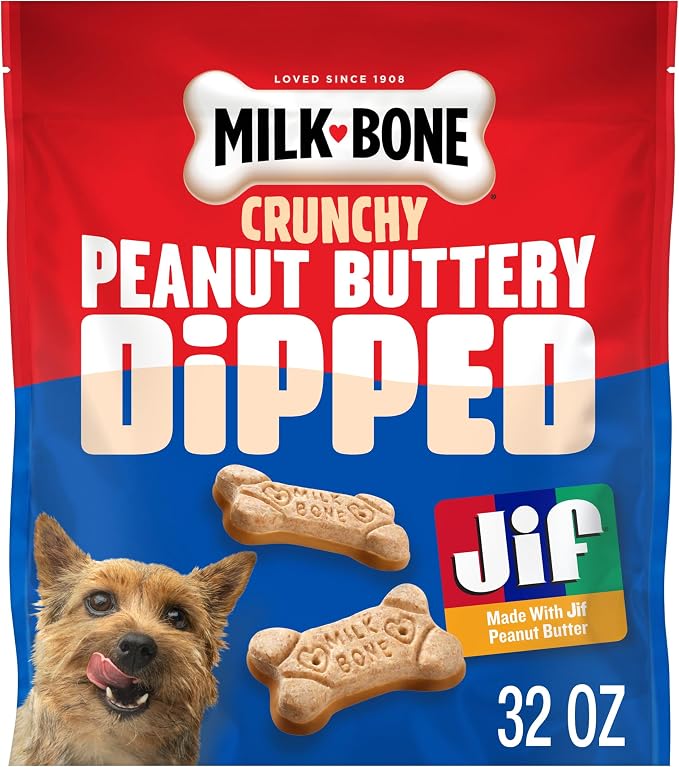 Milk-Bone Peanut Buttery Dipped Dog Treats with Jif Peanut Butter, 32 Oz. | 32-oz. bag, Dog biscuits baked with real peanut butter, Peanut butter flavored coating