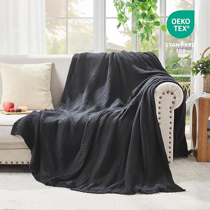 EMME Muslin Blankets for Adults Throw Blanket for Couch Breathable Gauze Soft Lightweight Airy Black Throw 50" x 60"