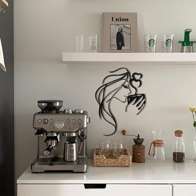 Coffee Metal Wall Art, 3D Woman Drinking Sculpture for Kitchen Decor, Black | Charming 3D black metal sculpture of a woman sipping coffee, perfect coffee-themed accent for kitchens or breakfast nooks