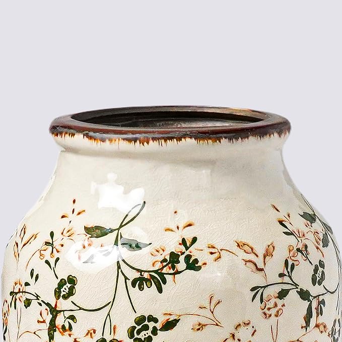 Green Vintage Vase, Chinoiserie Floral Vases for Flowers, Rustic Farmhouse Ceramic Vase for Home Decor, Living Room, Shelf, Office, Vintage Room Decor, 9 inch, White and Green