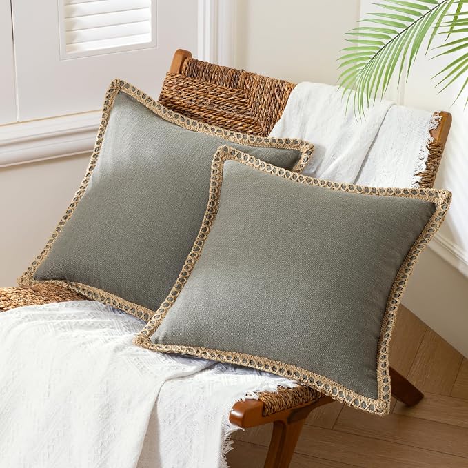 Phantoscope Pack of 2 Farmhouse Decorative Solid Throw Decorative Pillow Cover Burlap Linen Trimmed Tailored Edges Grey 24 x 24 inches, 60 x 60 cm