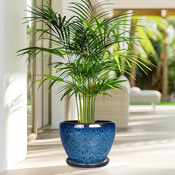 Ceramicfor 8 Inch Ceramic Plant Pot, Ceramic Planter Pot for Indoor Outdoor Plants, Round Flower Pot with Drainage Hole and Saucer, Blue