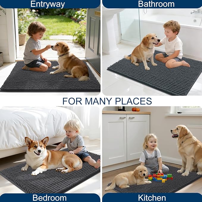 OLANLY Dog Door Mat for Muddy Paws 59x35, Extra Absorbent Chenille Mud Mat | Dark Grey, Absorbs Moisture and Dirt, Non-Slip Machine Washable Doormat, Quick-Drying Indoor Entryway Floor Mat for Dogs