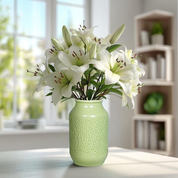 Green Ceramic Vase for Flowers, 9 Inch Decorative Vase for Pampas Grass, Modern Texture Vases for Home Decor, Table Shelf, Kitchen, Living Room Decor