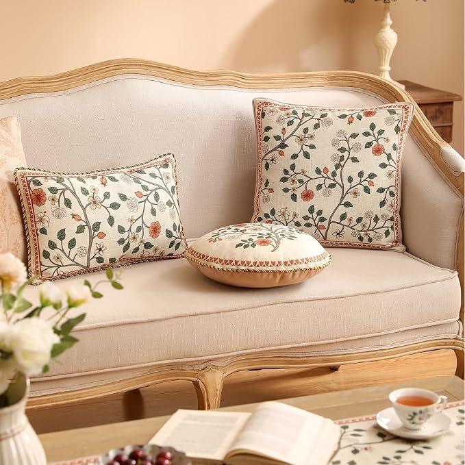 Designer Elegant Vintage Linen Throw Pillow Cover,18"x18"-Flora A | French Square Decor Pillow Cover,Concealed Zipper Design,Floral Pattern,Sofa,Bedroom,Living Room,Lounge Chairs