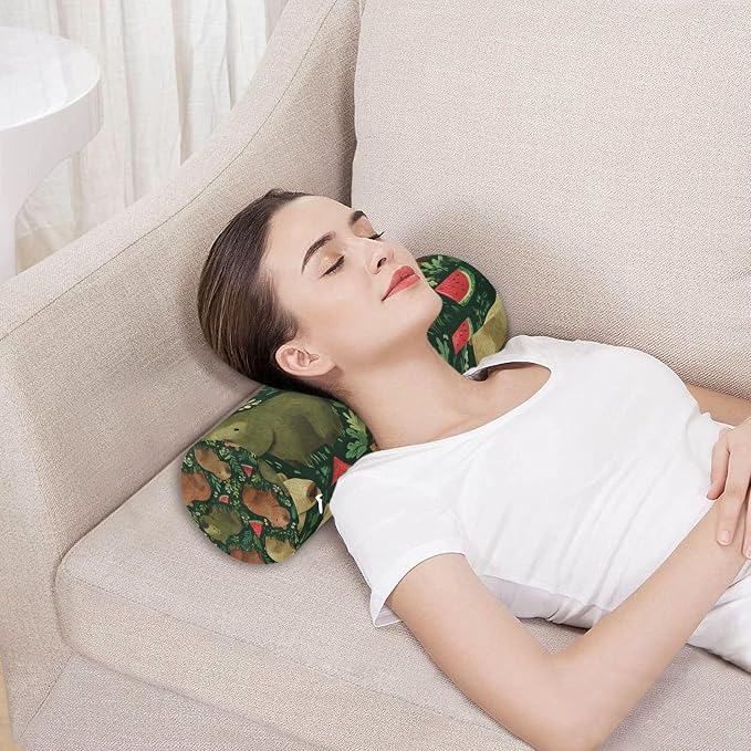 Green Grass Capybara Watermelon Neck Roll Pillow Bolster Round Health Memory Foam Long Cervical Cylinder Pillows with Removable Washable Cover for Body Bed Legs Back Yoga