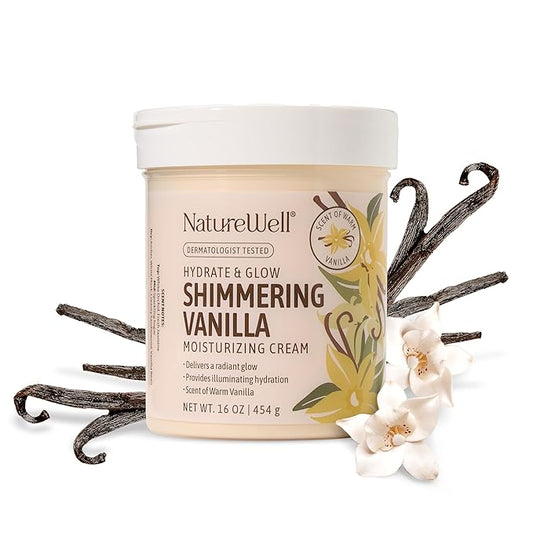 NATURE WELL Shimmering Vanilla Hydrate & Glow Moisturizing Cream For Face & Body, Intensely Nourishing & Softening, Delivers A Sparkling Radiance & Illuminating Hydration, Warm Vanilla Scent, 16 Oz