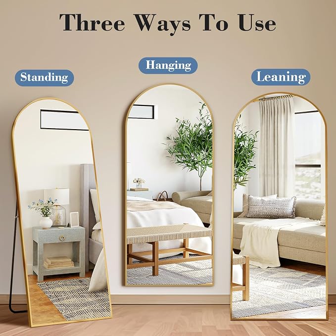DUMOS 59"x16" Arched Full Length Mirror with Stand, Full Body Floor Mirror | Free Standing or Wall Mount, Nano Glass Aluminum Frame, Hanging or Leaning, Modern Simple Home Decor, Gold