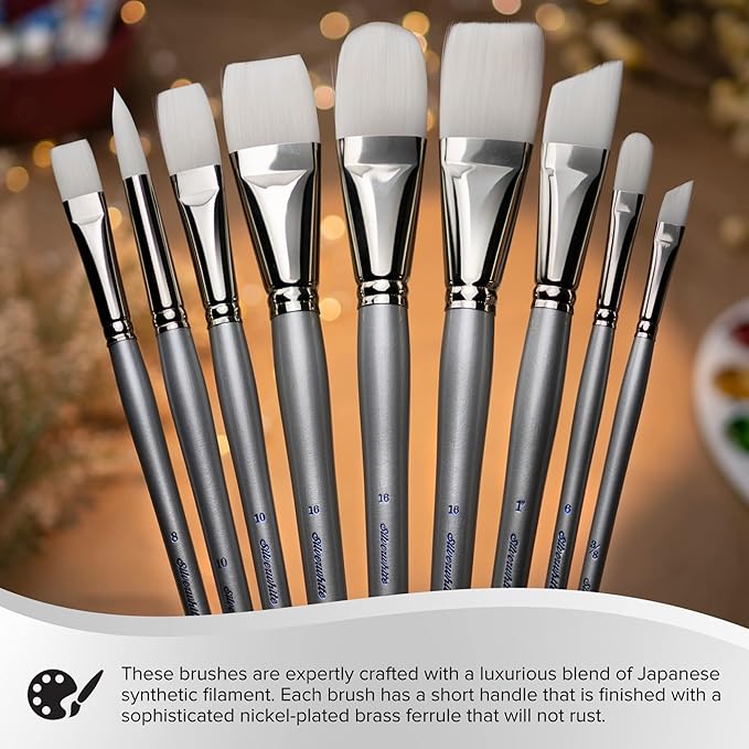 Silver Brush Limited 15016 Silverwhite Flat Brush, Watercolor, Acrylics, Gouache, or Oil Brush, Size 6, Long Handle