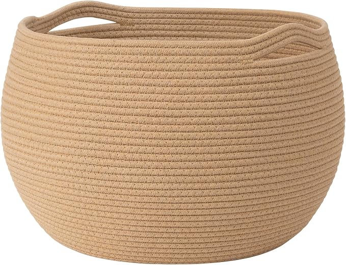 Goodpick Large Woven Storage Basket for Organizing, 15.7" x 10.5", Camel | Round Cotton Rope Basket With Handles, Holds Blankets, Toys & Daily Essentials, Decorative Basket for Living Room & Bedroom