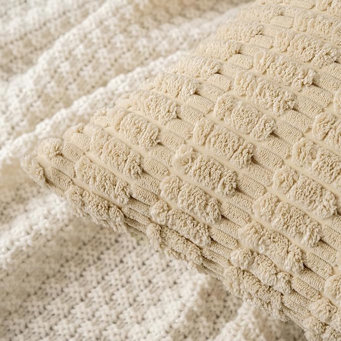 MIULEE Euro Sham Corduroy Decorative Throw Pillow Covers 22x22 Tan Set of 2 | Soft Neutral Boho Striped Pillow Covers Modern Farmhouse Home Decor For Sofa Living Room Couch Bed
