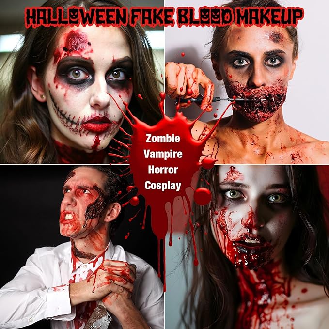 3PCS Halloween Fake Blood Kit, 2.03oz Fake Blood Spray and 2.03oz Dripping Blood and 1.06oz Coagulated Gel Blood, Realistic Washable Fake Blood Makeup for Zombie Vampire Monster Cosplay & Dress Up