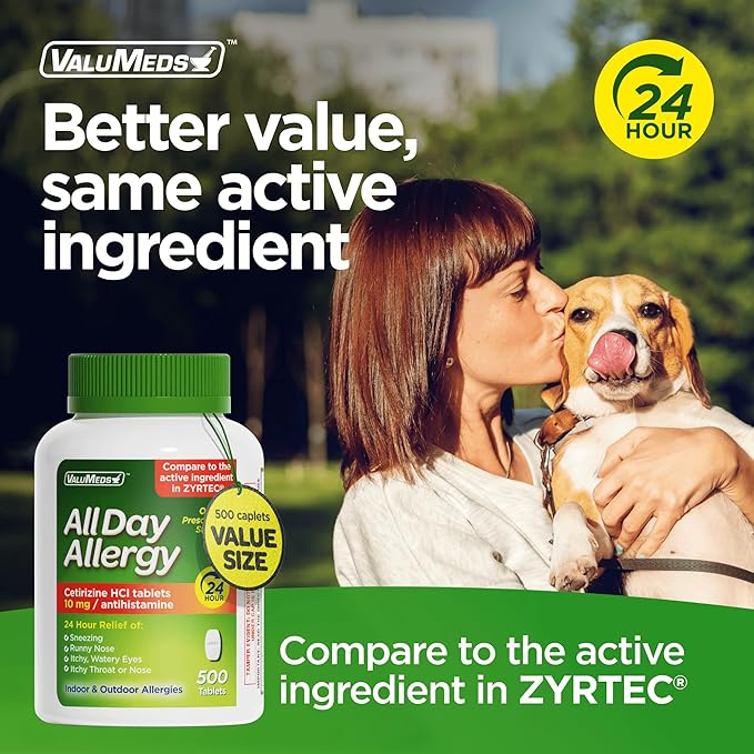 ValuMeds 24-Hour Allergy Medicine Antihistamine for Pollen, Hay Fever, Dry, Itchy Eyes, Allergies | Cetirizine HCl 10mg Caplets, Compare to Leading Brand (500 Count)