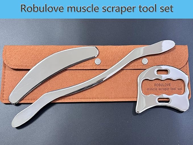 Professional Stainless Steel Muscle Scraper Tool Set, 3-Piece Physical Therapy and Myofascial Release Tools for Soft Tissue Massage 14inch Long bar(Double Edge)